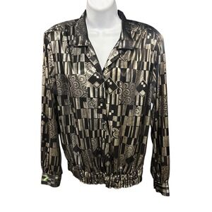 VTG Lori of CA Black Gold Geometric Blouse Long Sleeve Elastic Waist Elegant Top